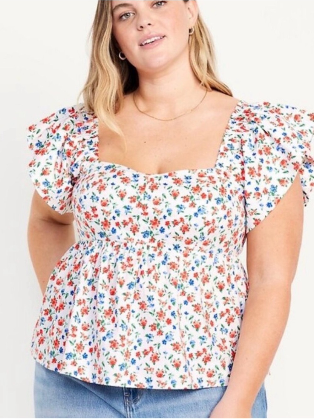 Old Navy White Floral Square-Neck Peplum Blouse with Red and Blue Flowers